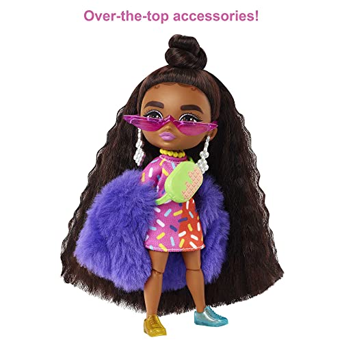 Barbie Extra Minis Doll #1 (5.5 in) Wearing Sprinkle-Printed Dress & Furry Coat with Doll Stand & Accessories Including Micro Sunglasses and Waist Bag, Gift for Kids 3 Years Old & Up​