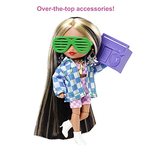 Barbie Extra Minis Doll #2 (5.5 in) Wearing Checkered 2-Piece Fashion & Jacket, with Doll Stand & Accessories Including Shutter Sunglasses and Boombox, Gift for Kids 3 Years Old & Up​