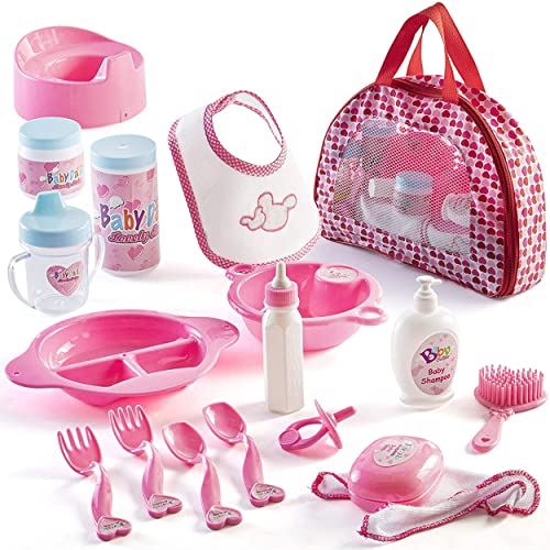 Prextex 18-Piece Baby Doll Accessories Set with Carrying Case - Includes Bottle, Sippy Cup, Dummy, Bib, Hair Brush, Plates and More, Perfect for Kids, Toddlers, and Girls