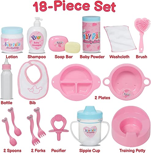 Prextex 18-Piece Baby Doll Accessories Set with Carrying Case - Includes Bottle, Sippy Cup, Dummy, Bib, Hair Brush, Plates and More, Perfect for Kids, Toddlers, and Girls