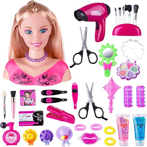 Voulliy Girls Kids Makeup Dolls,Make-up & Hairdressing Head Kids Hair Styling Head Doll, Head Toys, Doll Styling Head Hairdressing Toy w/ Hair Accessories
