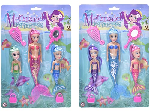 7 Piece Bath Time 3 Mermaid Princess Dolls with Bright Long Hair and Accessories, Boys and Girls Ocean Theme Waterproof Toys, Ideal for Bath, Pool, Water, Beach Pretend Fun Play (1 Set, 3 Mermaids)