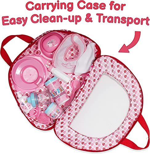 Prextex 18-Piece Baby Doll Accessories Set with Carrying Case - Includes Bottle, Sippy Cup, Dummy, Bib, Hair Brush, Plates and More, Perfect for Kids, Toddlers, and Girls