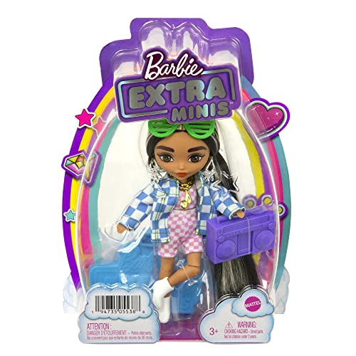 Barbie Extra Minis Doll #2 (5.5 in) Wearing Checkered 2-Piece Fashion & Jacket, with Doll Stand & Accessories Including Shutter Sunglasses and Boombox, Gift for Kids 3 Years Old & Up​