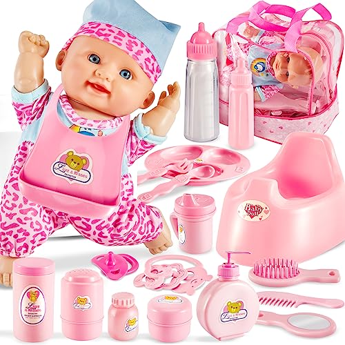 LINFUN KIDS Baby Doll Accessories with Carry Case Toddler Doll Set Baby Doll Feeding Doll Bath Set Gifts for Kids Boys Girls 3 4 5 Years Old