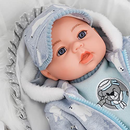 Bibi Doll - 18" Lifelike Large Soft Bodied Baby Doll With Dummy & Sounds Girls Boys Toy (Grey with Cap)