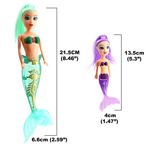 7 Piece Bath Time 3 Mermaid Princess Dolls with Bright Long Hair and Accessories, Boys and Girls Ocean Theme Waterproof Toys, Ideal for Bath, Pool, Water, Beach Pretend Fun Play (1 Set, 3 Mermaids)