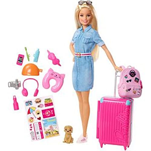 ​Barbie Travel Doll, Blonde, with Puppy, Opening Suitcase, Stickers and 10+ Accessories, for 3 to 7 Year Olds, FWV25