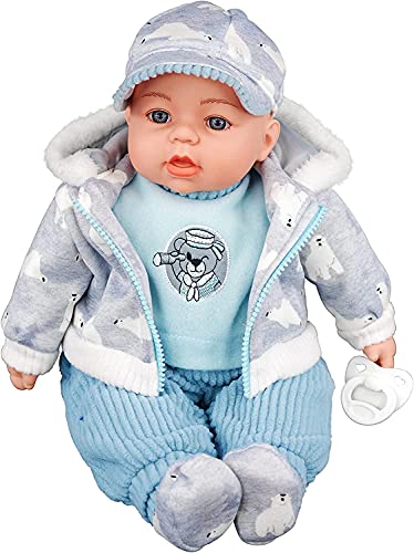Bibi Doll - 18" Lifelike Large Soft Bodied Baby Doll With Dummy & Sounds Girls Boys Toy (Grey with Cap)