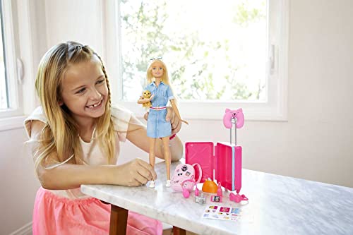 ​Barbie Travel Doll, Blonde, with Puppy, Opening Suitcase, Stickers and 10+ Accessories, for 3 to 7 Year Olds, FWV25