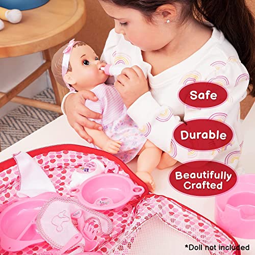 Prextex 18-Piece Baby Doll Accessories Set with Carrying Case - Includes Bottle, Sippy Cup, Dummy, Bib, Hair Brush, Plates and More, Perfect for Kids, Toddlers, and Girls