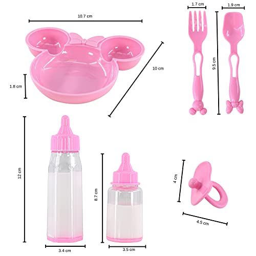 6 Pc Baby Doll Feeding Set with Two Magic Milk Bottles, Dummy, Plate, Fork & Spoon Pretend Play Doll Accessories Girls Boys Toy Playset Gift for Kids