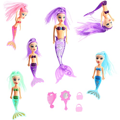 7 Piece Bath Time 3 Mermaid Princess Dolls with Bright Long Hair and Accessories, Boys and Girls Ocean Theme Waterproof Toys, Ideal for Bath, Pool, Water, Beach Pretend Fun Play (1 Set, 3 Mermaids)