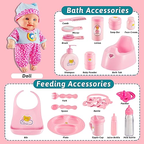 LINFUN KIDS Baby Doll Accessories with Carry Case Toddler Doll Set Baby Doll Feeding Doll Bath Set Gifts for Kids Boys Girls 3 4 5 Years Old