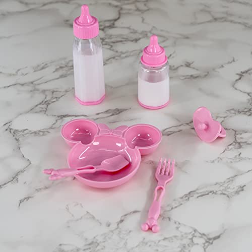 6 Pc Baby Doll Feeding Set with Two Magic Milk Bottles, Dummy, Plate, Fork & Spoon Pretend Play Doll Accessories Girls Boys Toy Playset Gift for Kids