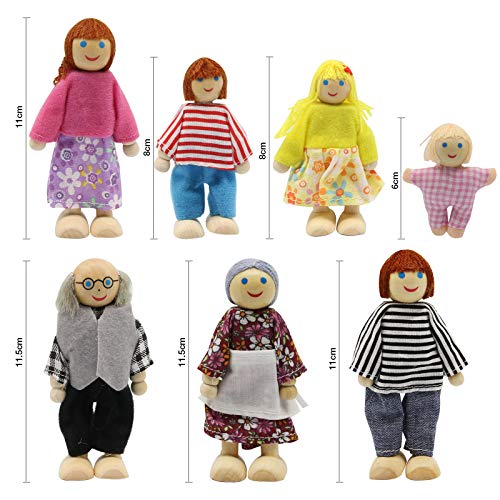 Wagoog Wooden Doll House Dolls, Happy Family Dolls House Furniture Accessories, Dolls People Playset for Dollhouse Kids Children Toy