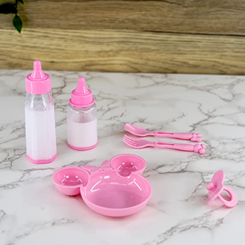 6 Pc Baby Doll Feeding Set with Two Magic Milk Bottles, Dummy, Plate, Fork & Spoon Pretend Play Doll Accessories Girls Boys Toy Playset Gift for Kids