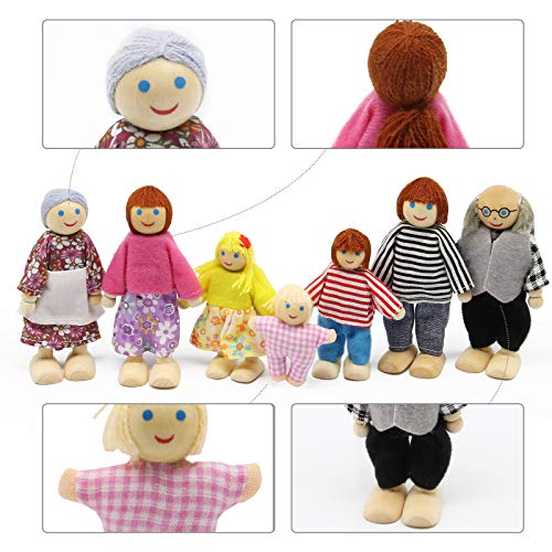 Wagoog Wooden Doll House Dolls, Happy Family Dolls House Furniture Accessories, Dolls People Playset for Dollhouse Kids Children Toy