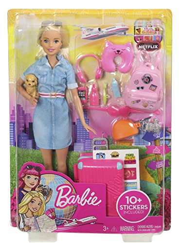 ​Barbie Travel Doll, Blonde, with Puppy, Opening Suitcase, Stickers and 10+ Accessories, for 3 to 7 Year Olds, FWV25