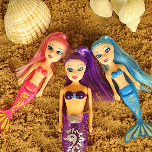 7 Piece Bath Time 3 Mermaid Princess Dolls with Bright Long Hair and Accessories, Boys and Girls Ocean Theme Waterproof Toys, Ideal for Bath, Pool, Water, Beach Pretend Fun Play (1 Set, 3 Mermaids)