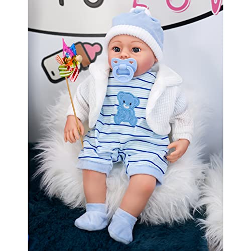 Bibi Doll - 18" Lifelike Large Size Soft Bodied Baby Doll Girls Boys Toy Dolly With Sounds and Comforter (Blue)