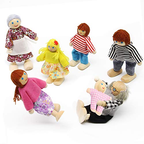 Wagoog Wooden Doll House Dolls, Happy Family Dolls House Furniture Accessories, Dolls People Playset for Dollhouse Kids Children Toy