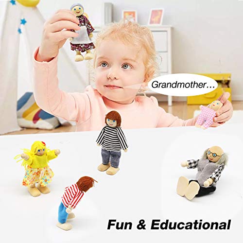 Wagoog Wooden Doll House Dolls, Happy Family Dolls House Furniture Accessories, Dolls People Playset for Dollhouse Kids Children Toy