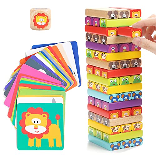 Nene Toys 4-in-1 Wooden Tumble Tower Game with Animals & Colours - Educational Family Board Game for Kids Ages 3-9 - Foster Creativity & Cognitive Growth