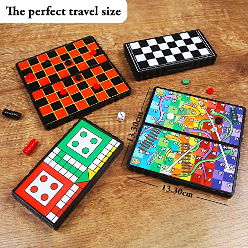 abeec 4 Mini Magnetic Games – 4 Pack Of Travel Games Includes Chess, Snakes & Ladders, Ludo & Draughts – Mini Board Games for Kids 6+