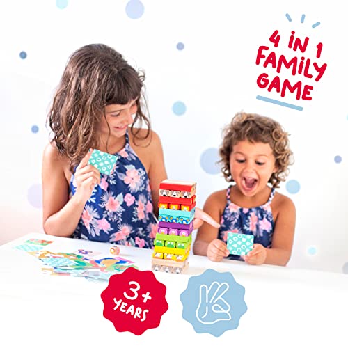 Nene Toys 4-in-1 Wooden Tumble Tower Game with Animals & Colours - Educational Family Board Game for Kids Ages 3-9 - Foster Creativity & Cognitive Growth