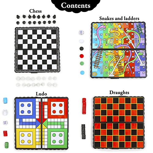 abeec 4 Mini Magnetic Games – 4 Pack Of Travel Games Includes Chess, Snakes & Ladders, Ludo & Draughts – Mini Board Games for Kids 6+