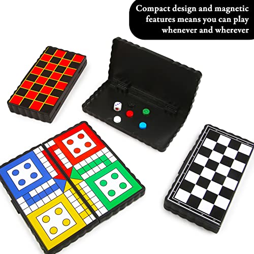 abeec 4 Mini Magnetic Games – 4 Pack Of Travel Games Includes Chess, Snakes & Ladders, Ludo & Draughts – Mini Board Games for Kids 6+