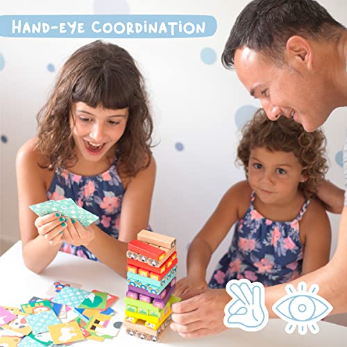Nene Toys 4-in-1 Wooden Tumble Tower Game with Animals & Colours - Educational Family Board Game for Kids Ages 3-9 - Foster Creativity & Cognitive Growth