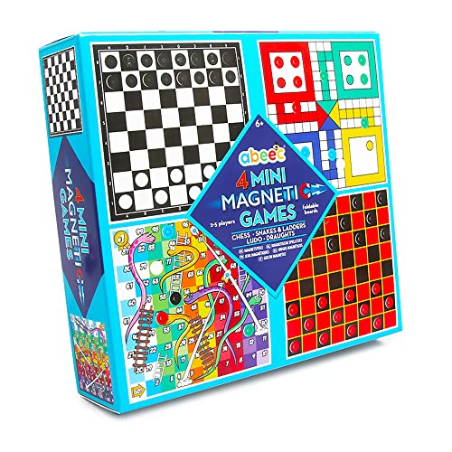 abeec 4 Mini Magnetic Games – 4 Pack Of Travel Games Includes Chess, Snakes & Ladders, Ludo & Draughts – Mini Board Games for Kids 6+