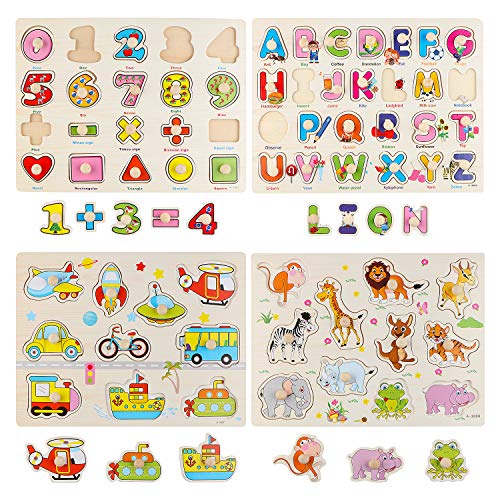 Wondertoys 4 Pieces Wooden Jigsaw Puzzles Vehicles/Alphabet ABC/Fruit/Animal/Alphabet Number Peg Jigsaw Educational Puzzles for Kid Toddler Boys Girls