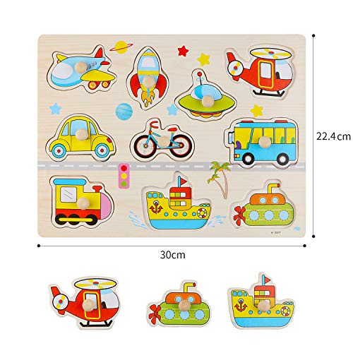 Wondertoys 4 Pieces Wooden Jigsaw Puzzles Vehicles/Alphabet ABC/Fruit/Animal/Alphabet Number Peg Jigsaw Educational Puzzles for Kid Toddler Boys Girls