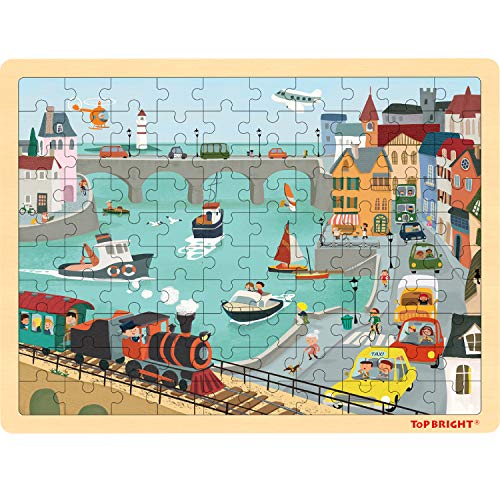 TOP BRIGHT 100 Piece Wooden Jigsaw Puzzles for Kids 3 4 5 Year Old, Urban Wooden Jigsaws for Children Age 3 4 5 with Storage Bag
