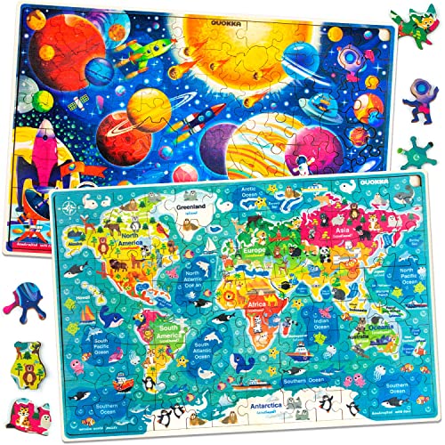 Wooden Jigsaw Puzzles for Boys and Girls Age 3 4 5 – 100 Piece Puzzles World Map & Space for Kids 6 7 Year Olds by QUOKKA - Educational Toys for Children 8-12 - Gift Game
