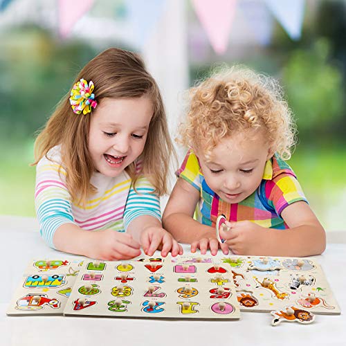 Wondertoys 4 Pieces Wooden Jigsaw Puzzles Vehicles/Alphabet ABC/Fruit/Animal/Alphabet Number Peg Jigsaw Educational Puzzles for Kid Toddler Boys Girls