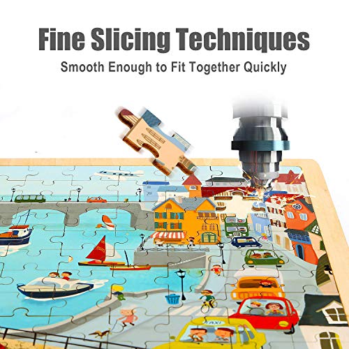 TOP BRIGHT 100 Piece Wooden Jigsaw Puzzles for Kids 3 4 5 Year Old, Urban Wooden Jigsaws for Children Age 3 4 5 with Storage Bag