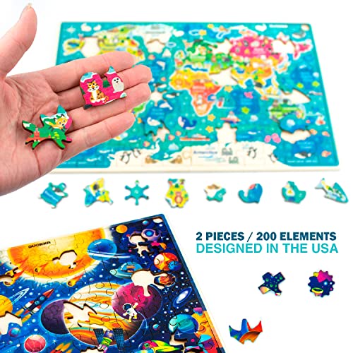 Wooden Jigsaw Puzzles for Boys and Girls Age 3 4 5 – 100 Piece Puzzles World Map & Space for Kids 6 7 Year Olds by QUOKKA - Educational Toys for Children 8-12 - Gift Game