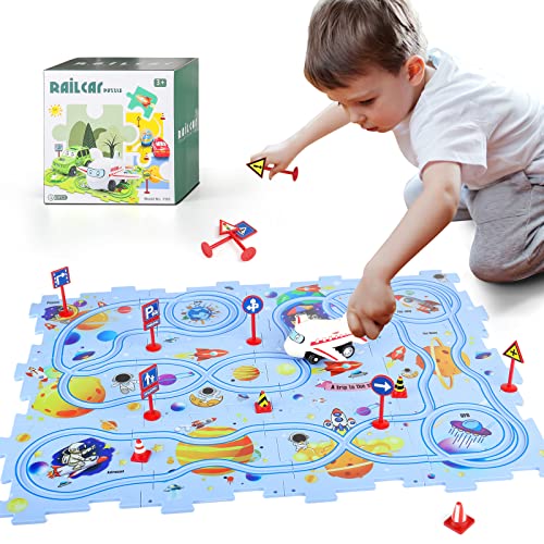 YOOYID Puzzle Rail Car Plastic Puzzle Track Play Set for Kids, Jigsaw Puzzle Toy with Vehicle, DIY Puzzle Board Track Toy Educational Montessori Toy for Boys Girls Birthday Gift