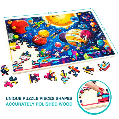 Wooden Jigsaw Puzzles for Boys and Girls Age 3 4 5 – 100 Piece Puzzles World Map & Space for Kids 6 7 Year Olds by QUOKKA - Educational Toys for Children 8-12 - Gift Game