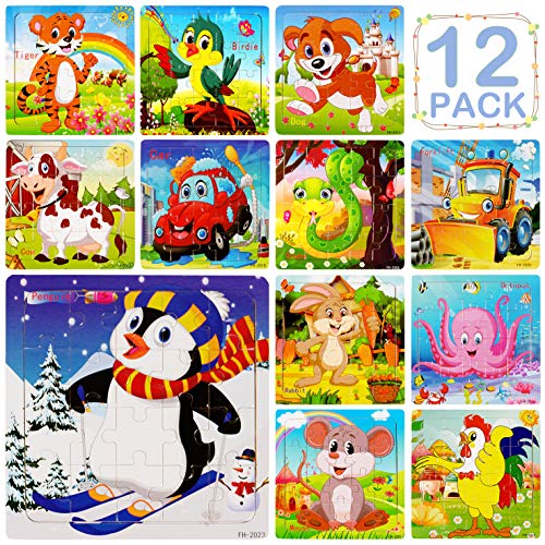 12-Pack Wooden Jigsaw Puzzles for Kids Age 3-6 Year Old Animals Preschool Puzzles for Toddler Children Learning Educational Puzzle Toys for Boys and Girls
