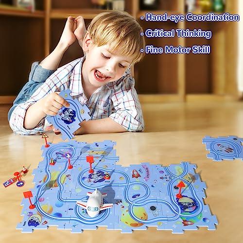 YOOYID Puzzle Rail Car Plastic Puzzle Track Play Set for Kids, Jigsaw Puzzle Toy with Vehicle, DIY Puzzle Board Track Toy Educational Montessori Toy for Boys Girls Birthday Gift