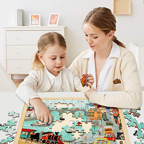 TOP BRIGHT 100 Piece Wooden Jigsaw Puzzles for Kids 3 4 5 Year Old, Urban Wooden Jigsaws for Children Age 3 4 5 with Storage Bag