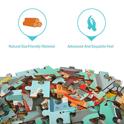 TOP BRIGHT 100 Piece Wooden Jigsaw Puzzles for Kids 3 4 5 Year Old, Urban Wooden Jigsaws for Children Age 3 4 5 with Storage Bag