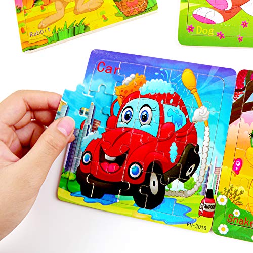 12-Pack Wooden Jigsaw Puzzles for Kids Age 3-6 Year Old Animals Preschool Puzzles for Toddler Children Learning Educational Puzzle Toys for Boys and Girls