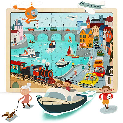 TOP BRIGHT 100 Piece Wooden Jigsaw Puzzles for Kids 3 4 5 Year Old, Urban Wooden Jigsaws for Children Age 3 4 5 with Storage Bag