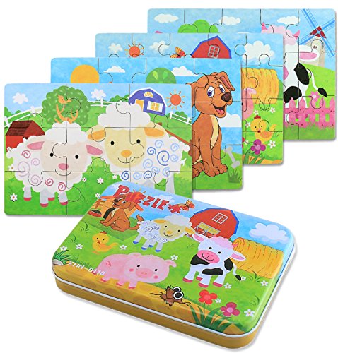 BBLIKE Jigsaw Wooden Puzzles Toy in a Box for Kids, Pack of 4 with Varying Degree of Difficulty Educational Learning Tool Best Birthday Present for Boys Girls (Sheep, Dog, Cow, Pig)